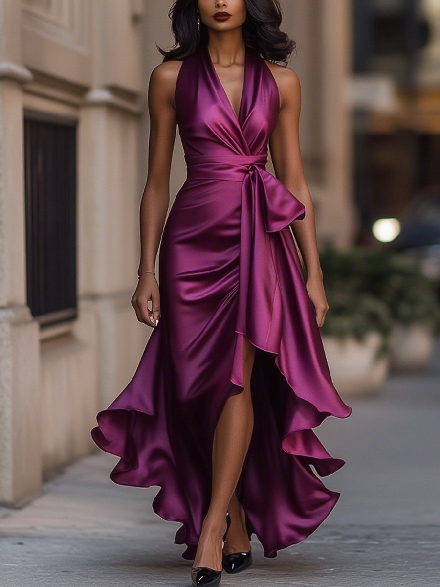 Mira Damen Langes Abendkleid | Wickelstil, Fließender Saum 9