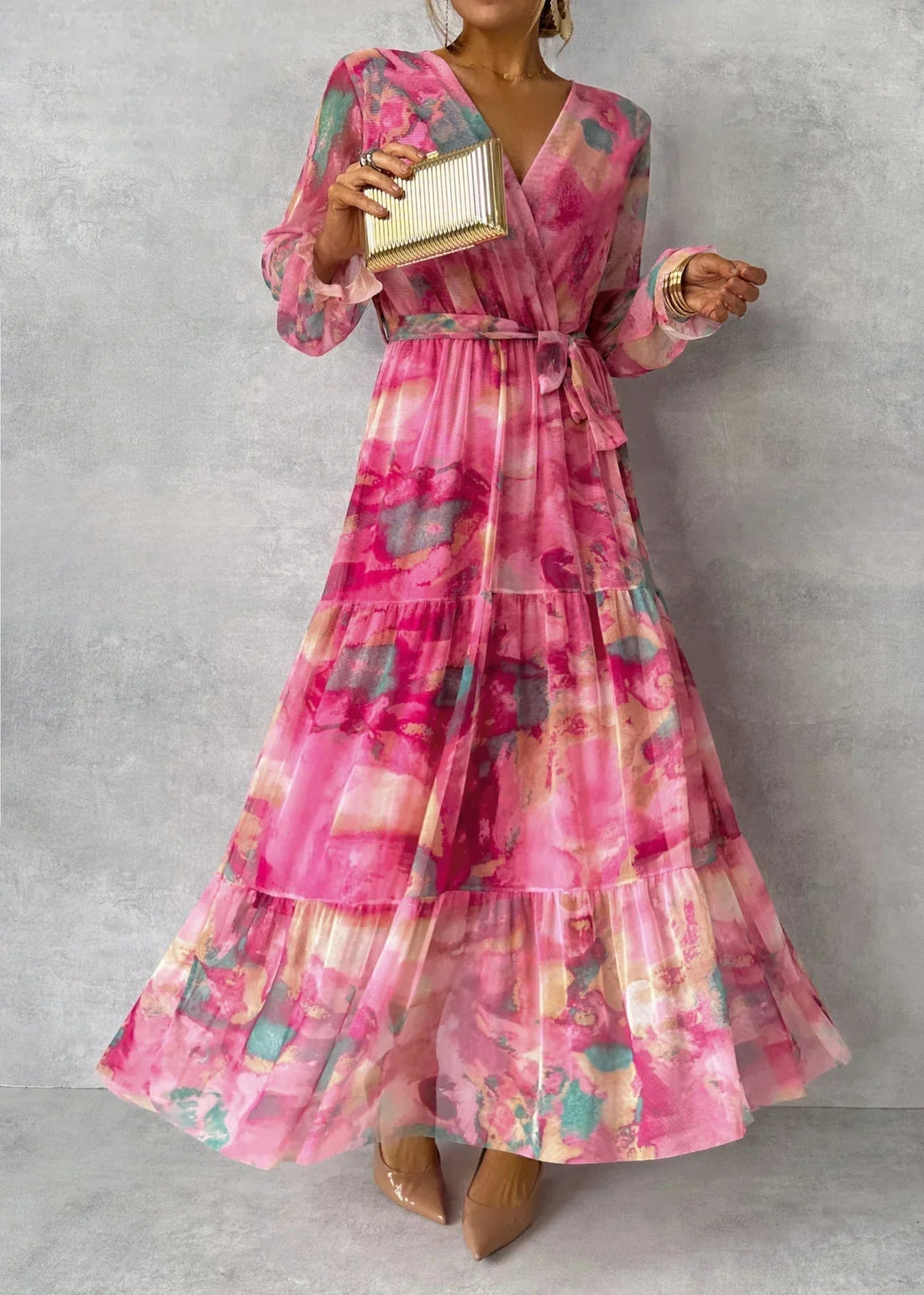 Mira Damen Maxikleid | V-Ausschnitt, Wickeloptik, Lange Ärmel 0