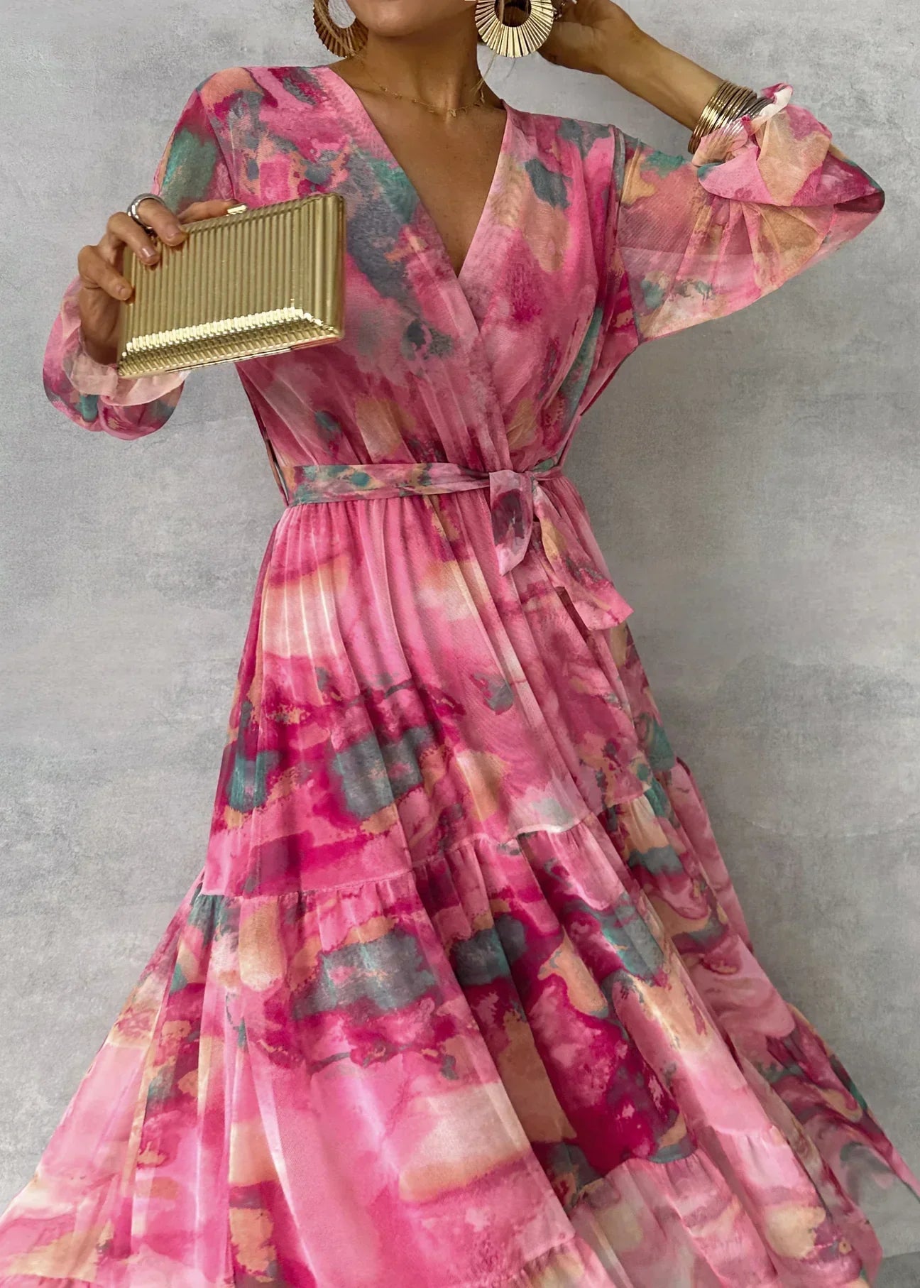 Mira Damen Maxikleid | V-Ausschnitt, Wickeloptik, Lange Ärmel 1