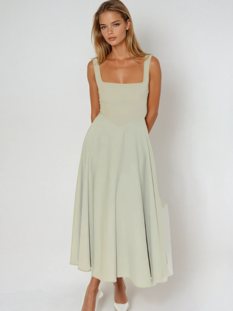 Kerstin Schwarz Eckiger Ausschnitt A-Linien Midikleid für Damen | Taillierte Passform | Elegantes Abendkleid | Mit Taschen - XS/S/M/L