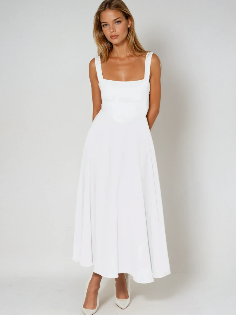 Kerstin Schwarz Eckiger Ausschnitt A-Linien Midikleid für Damen | Taillierte Passform | Elegantes Abendkleid | Mit Taschen - XS/S/M/L