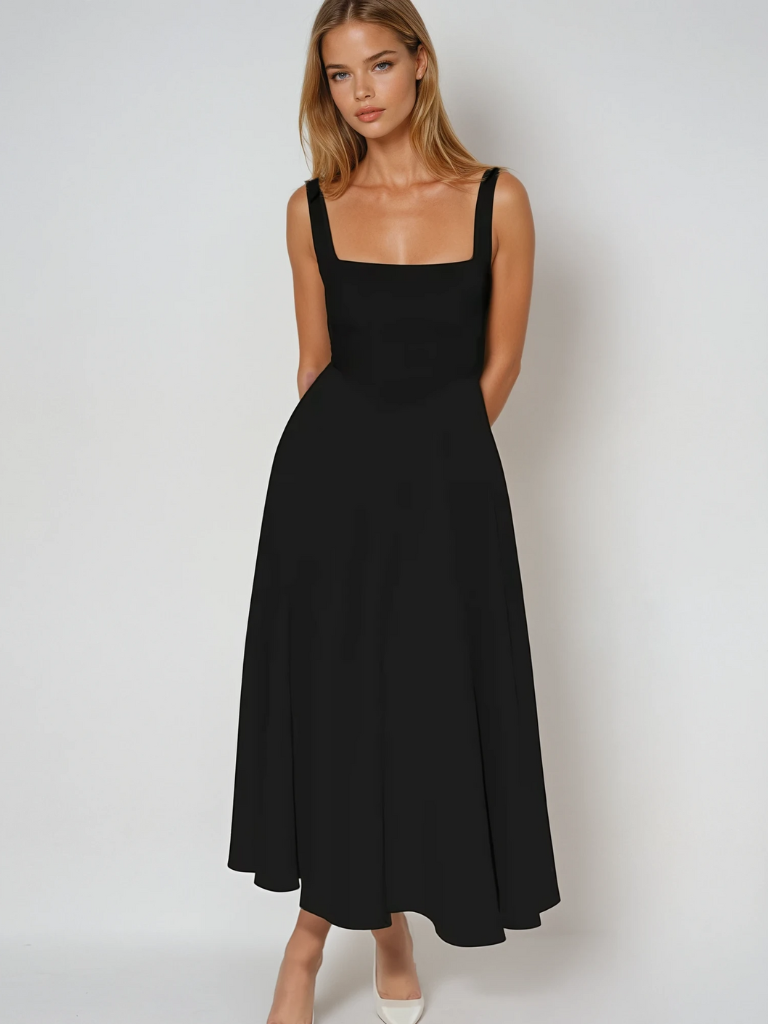 Kerstin Schwarz Eckiger Ausschnitt A-Linien Midikleid für Damen | Taillierte Passform | Elegantes Abendkleid | Mit Taschen - XS/S/M/L