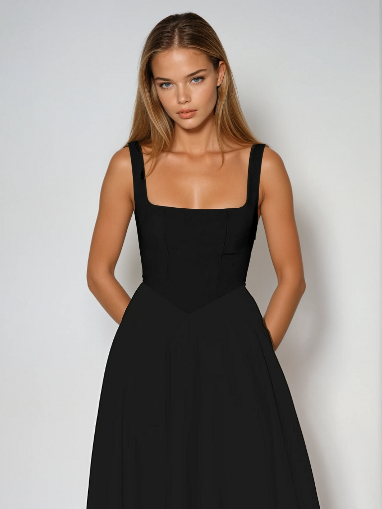 Kerstin Schwarz Eckiger Ausschnitt A-Linien Midikleid für Damen | Taillierte Passform | Elegantes Abendkleid | Mit Taschen - XS/S/M/L