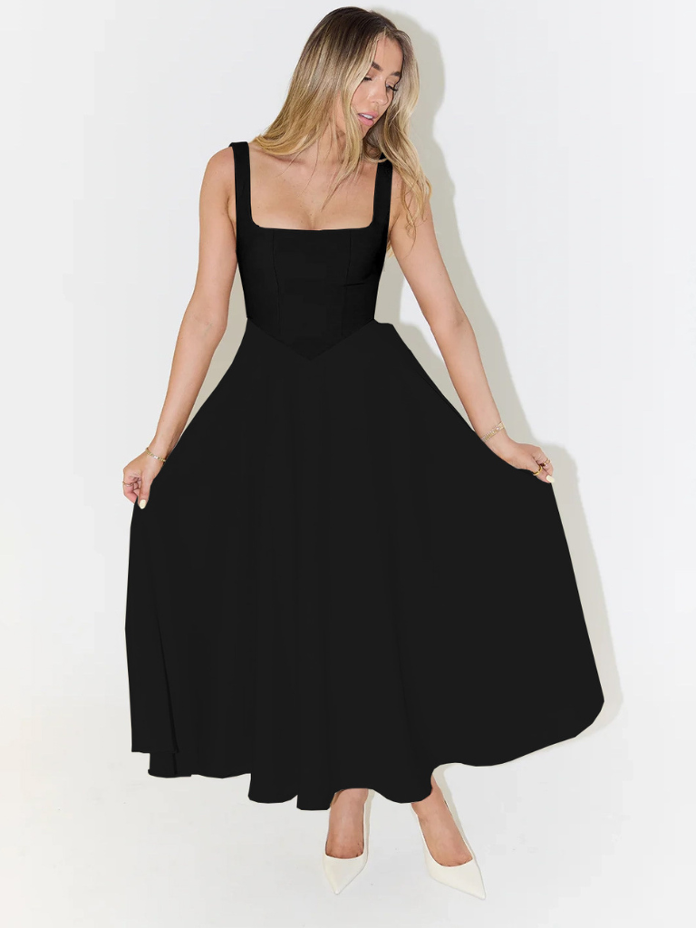 Kerstin Schwarz Eckiger Ausschnitt A-Linien Midikleid für Damen | Taillierte Passform | Elegantes Abendkleid | Mit Taschen - XS/S/M/L