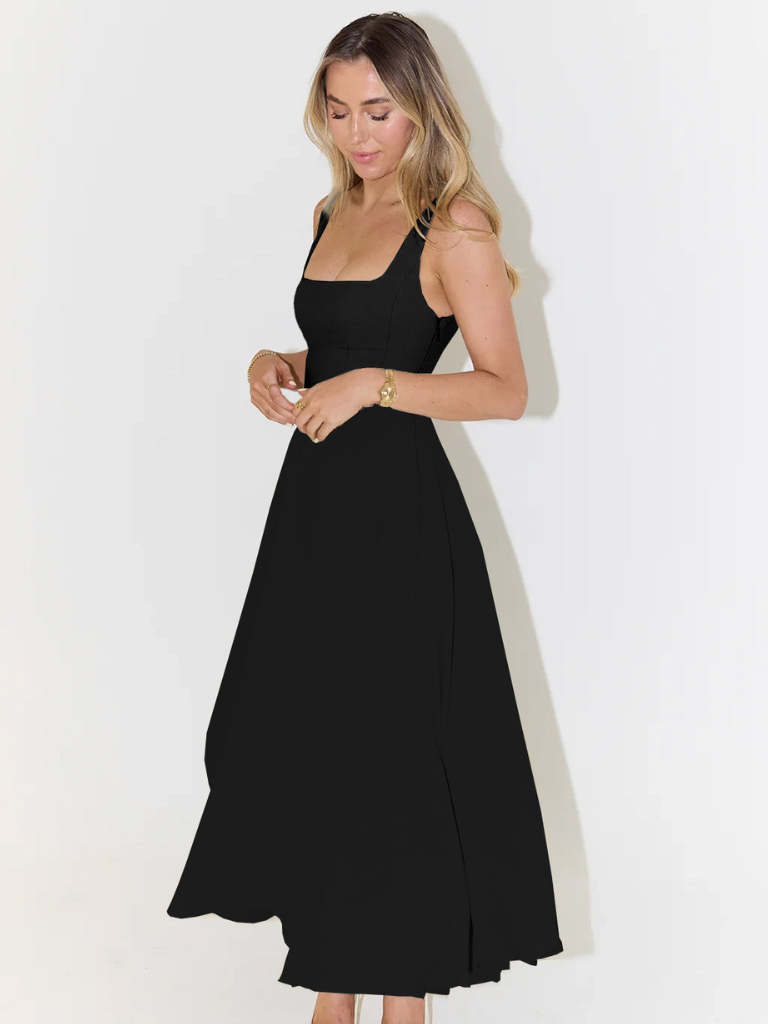 Kerstin Schwarz Eckiger Ausschnitt A-Linien Midikleid für Damen | Taillierte Passform | Elegantes Abendkleid | Mit Taschen - XS/S/M/L