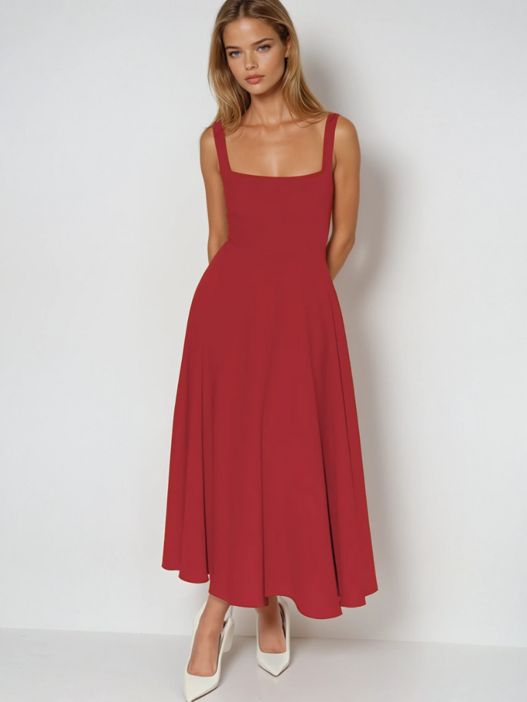 Kerstin Schwarz Eckiger Ausschnitt A-Linien Midikleid für Damen | Taillierte Passform | Elegantes Abendkleid | Mit Taschen - XS/S/M/L