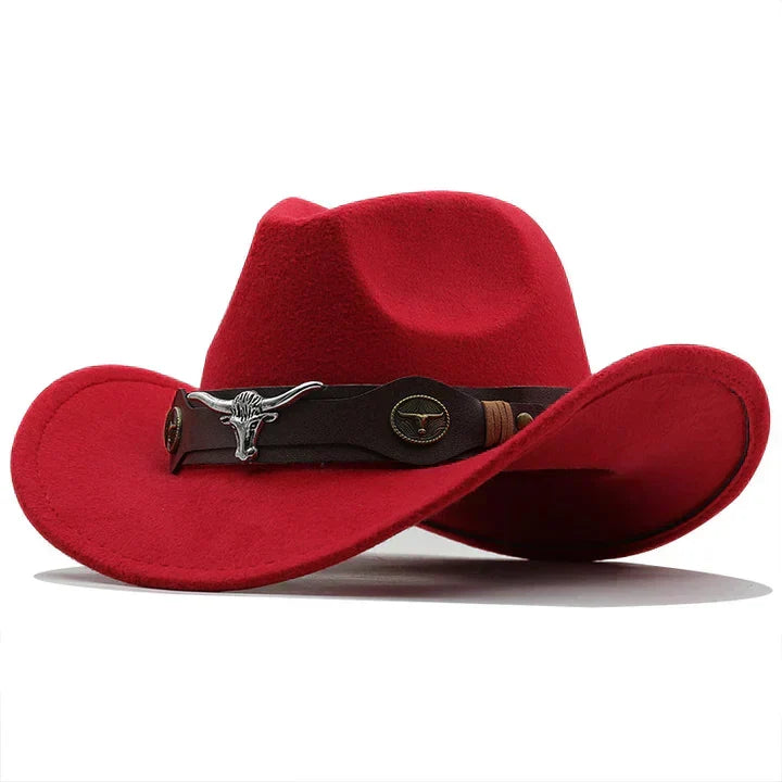 Beatrice Schwarz Western-Cowboyhut mit Stier-Schnallenband für Damen | Filzhut-Optik Boho Vintage Stil - Schwarz, Blau, Braun u.v.m.