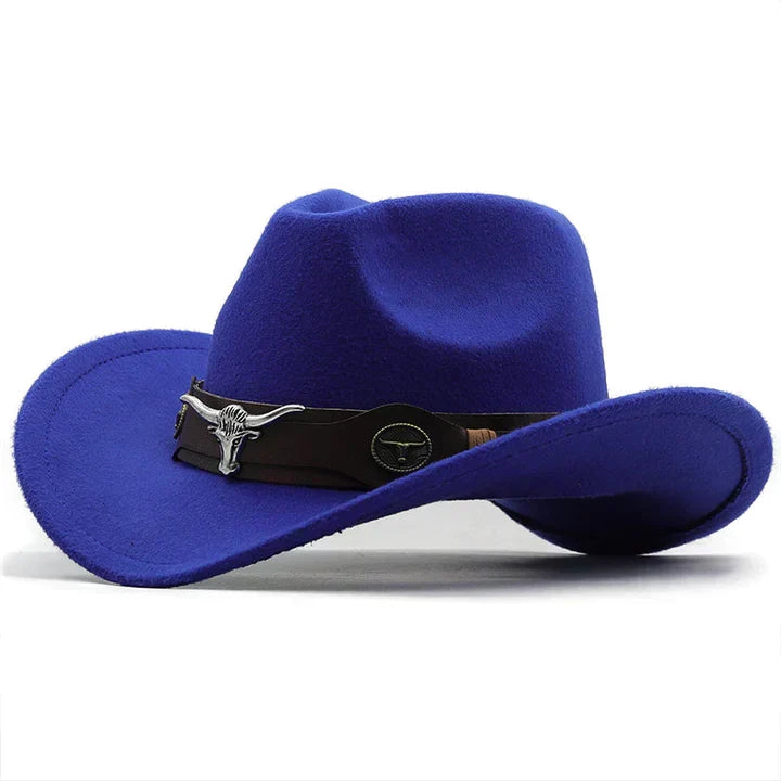 Beatrice Schwarz Western-Cowboyhut mit Stier-Schnallenband für Damen | Filzhut-Optik Boho Vintage Stil - Schwarz, Blau, Braun u.v.m.