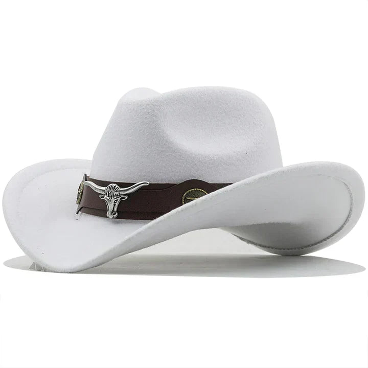 Beatrice Schwarz Western-Cowboyhut mit Stier-Schnallenband für Damen | Filzhut-Optik Boho Vintage Stil - Schwarz, Blau, Braun u.v.m.