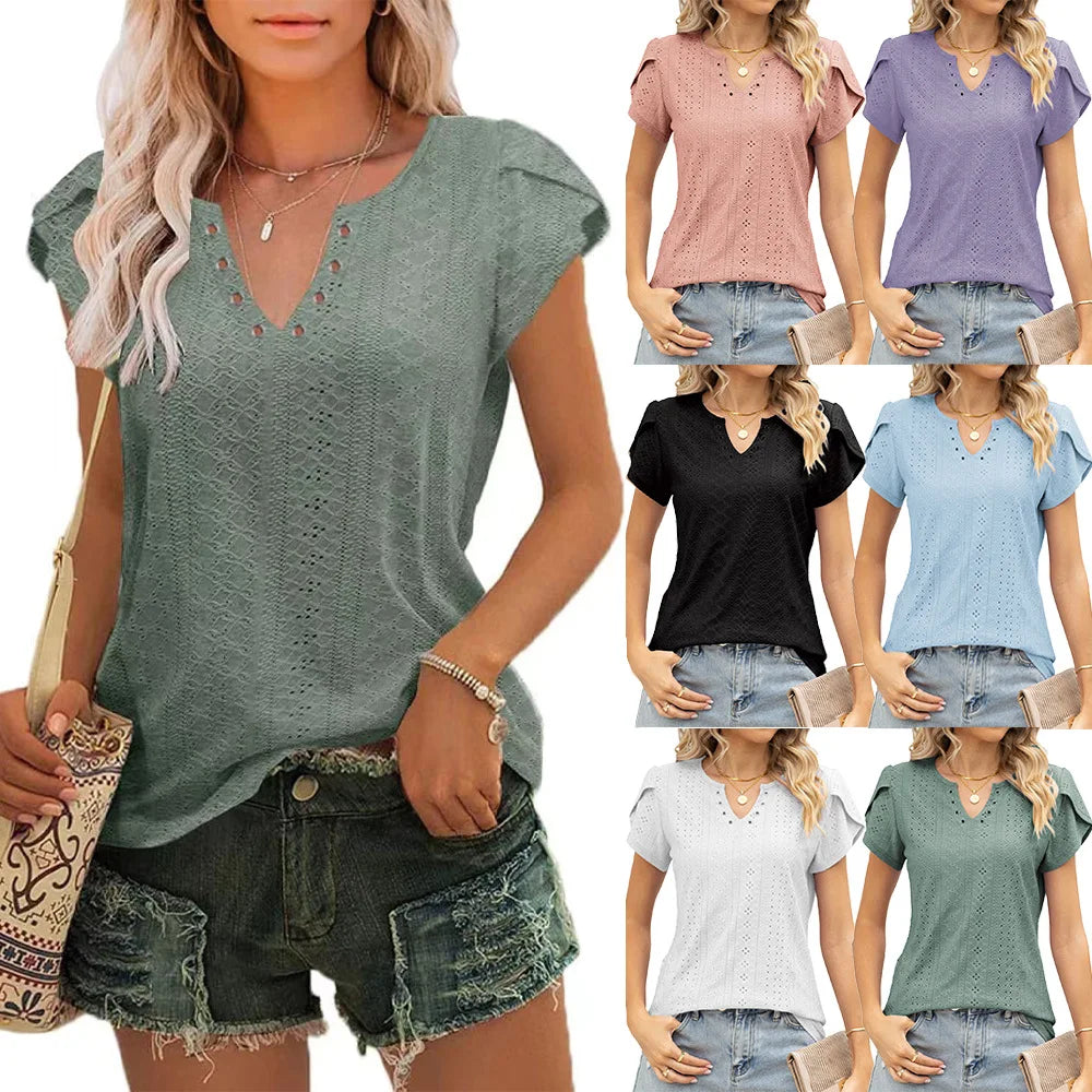Nina Damen Shirt Lang | V-Ausschnitt, Blütenblattärmel, Lässig 0