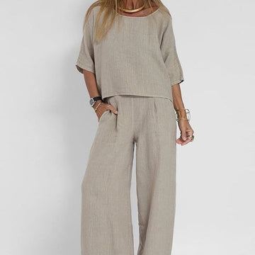 Nina Damen Sommer Set | Leinen, Halbarm Top und Weite Hose in Beige 0