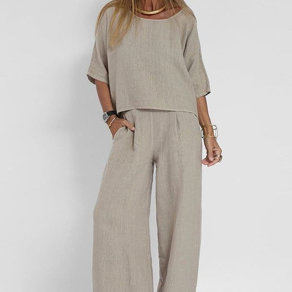 Nina Damen Sommer Set | Leinen, Halbarm Top und Weite Hose in Beige 0