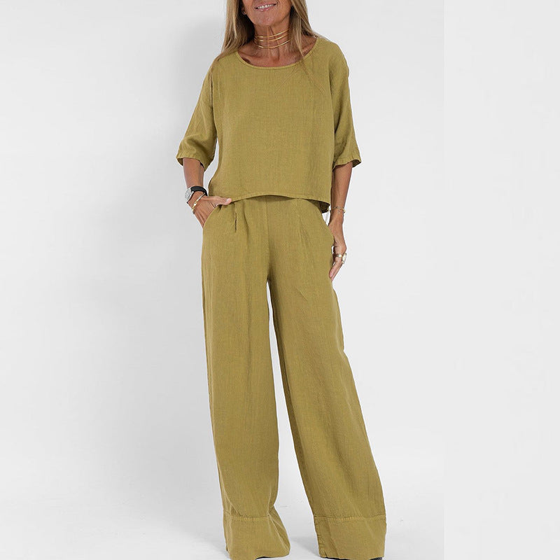Nina Damen Sommer Set | Leinen, Halbarm Top und Weite Hose in Beige 2