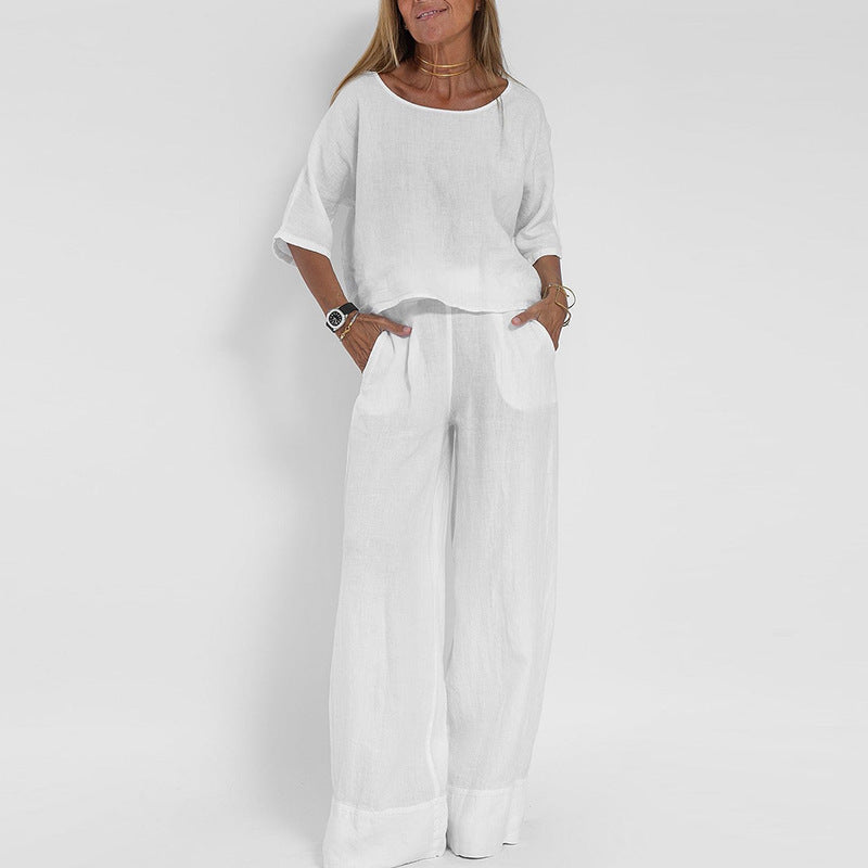 Nina Damen Sommer Set | Leinen, Halbarm Top und Weite Hose in Beige 3