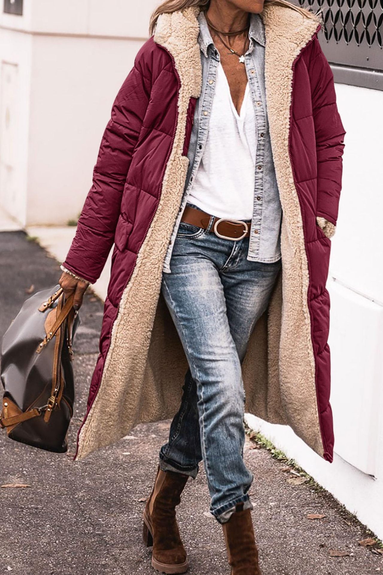 Monika Ingwer Lange Gesteppte Winterjacke mit Sherpa-Innenfutter für Damen | Warm Casual Winter - S/M/L/XL/2XL/XXXL
