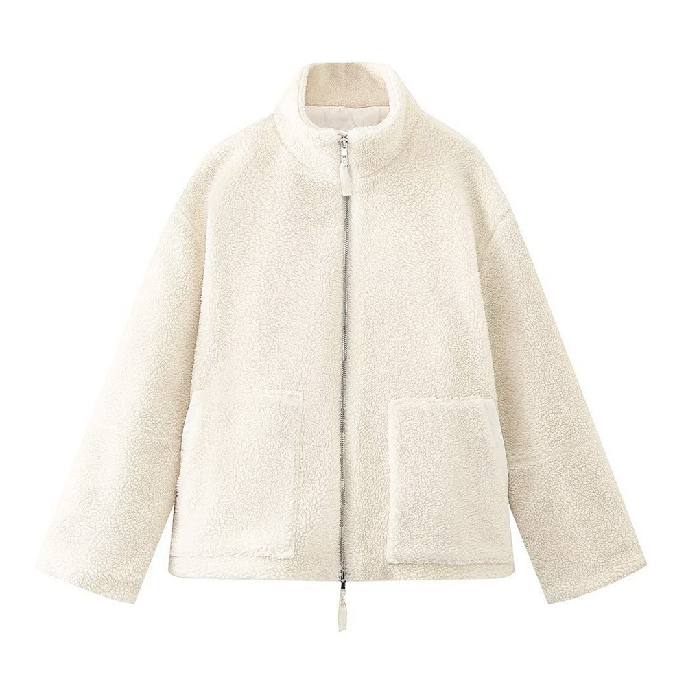 Monika Beige Oversized Sherpa-Jacke mit Stehkragen für Damen | Casual Winter Fleece-Look - S/M/L/XL