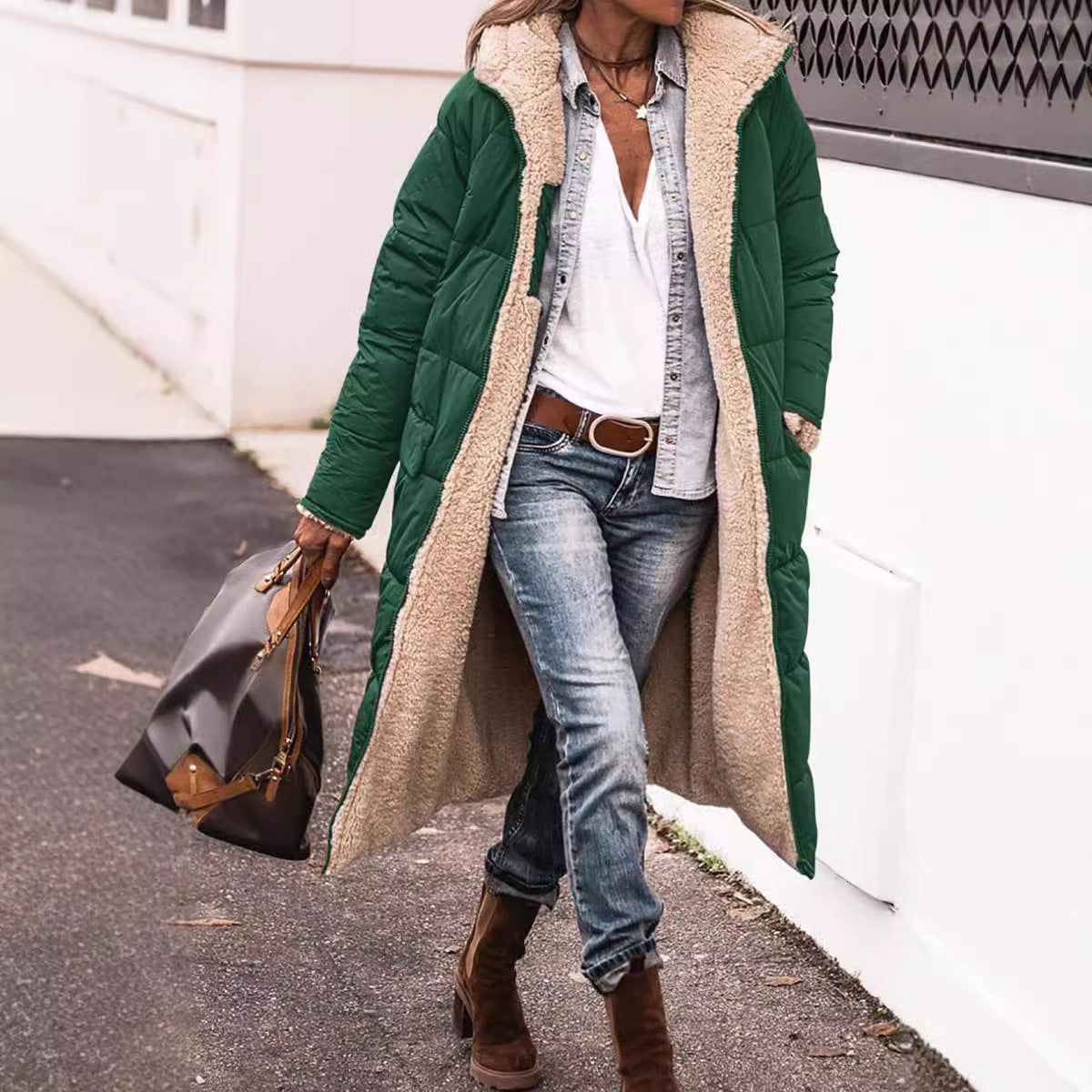 Monika Ingwer Lange Gesteppte Winterjacke mit Sherpa-Innenfutter für Damen | Warm Casual Winter - S/M/L/XL/2XL/XXXL