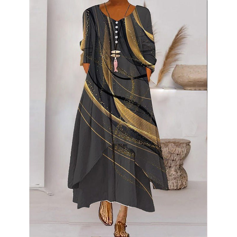 Monika Stil 1 Abstraktes Muster Langarm Maxikleid für Damen | Lockere Passform mit Taschen | Alltag & Reisen - S-4XL