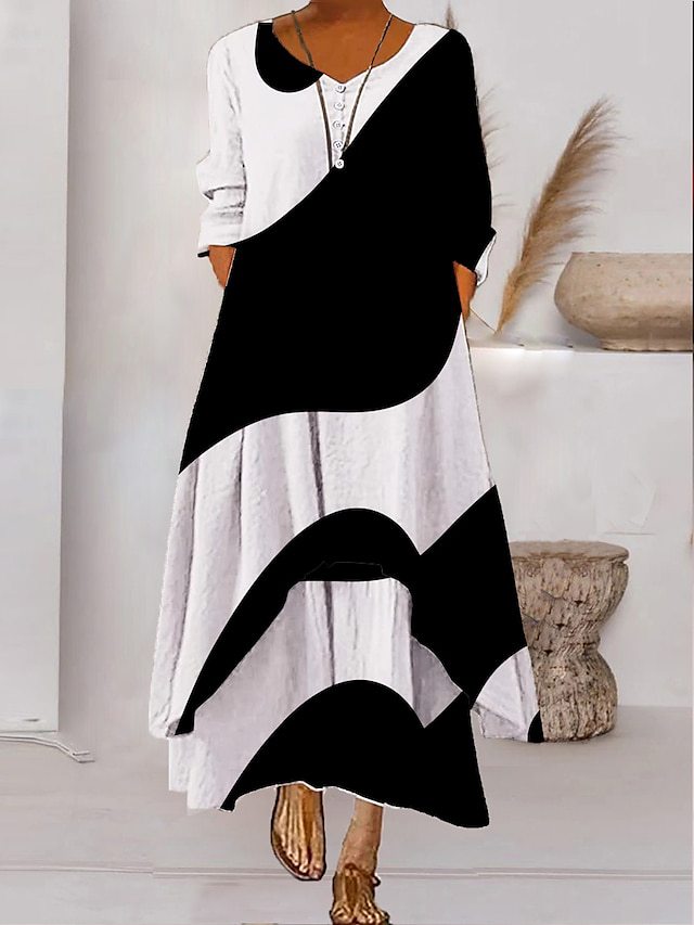Monika Stil 1 Abstraktes Muster Langarm Maxikleid für Damen | Lockere Passform mit Taschen | Alltag & Reisen - S-4XL