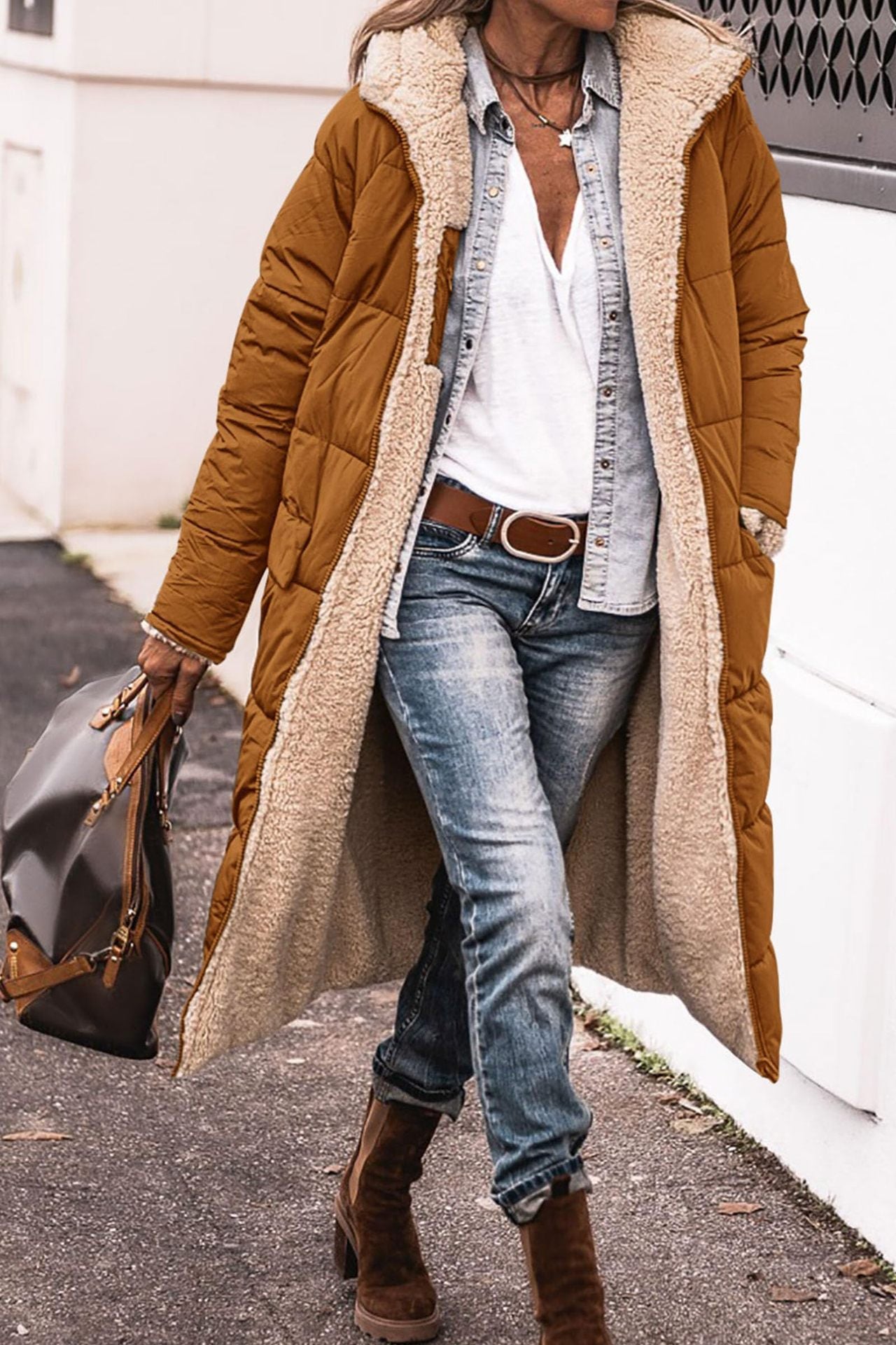 Monika Ingwer Lange Gesteppte Winterjacke mit Sherpa-Innenfutter für Damen | Warm Casual Winter - S/M/L/XL/2XL/XXXL