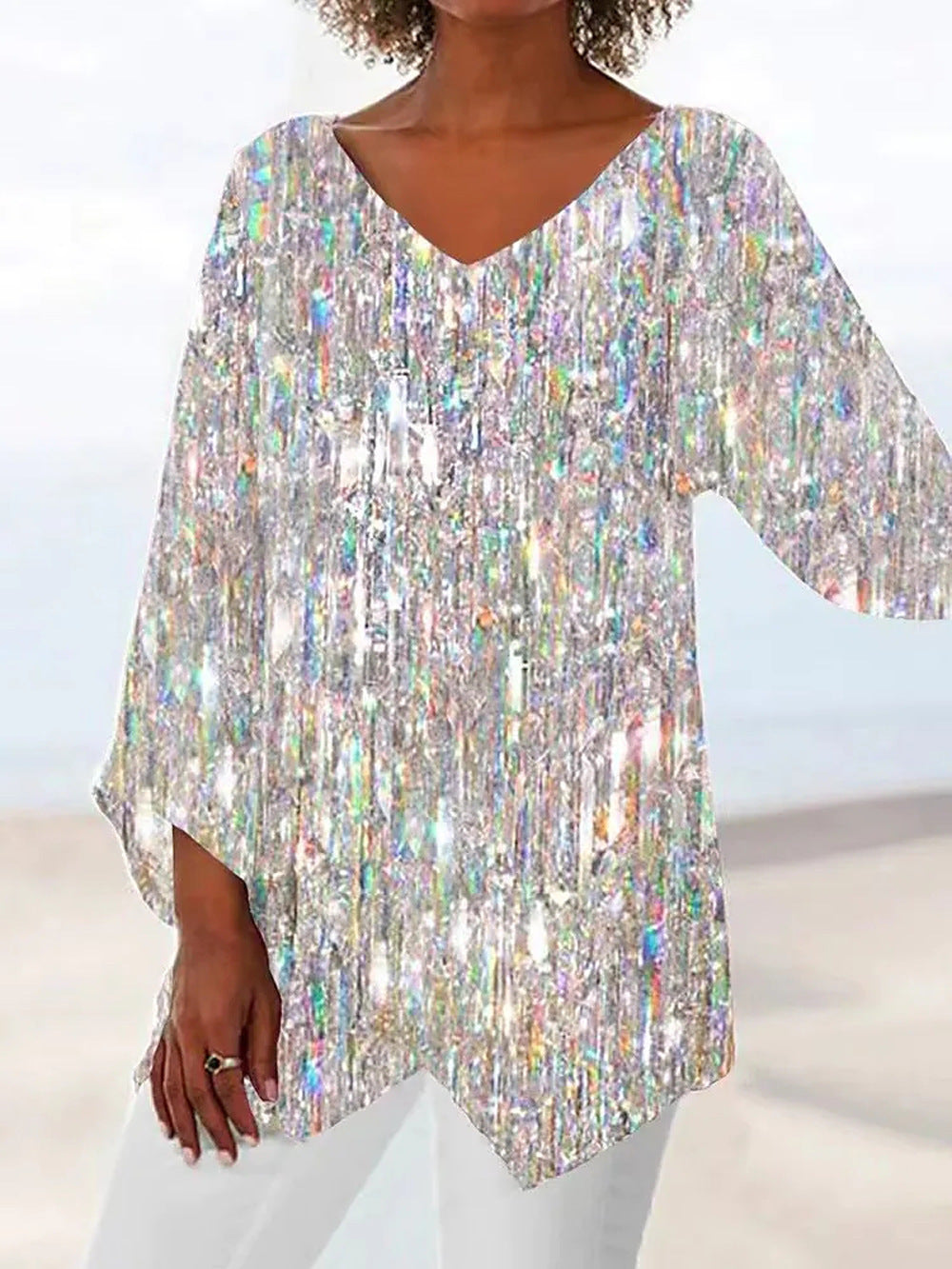 Rosemarie Türkis Glitzer-Print V-Ausschnitt Tunika Bluse für Damen | Fliessende Passform | Festliche Abende - S-5XL
