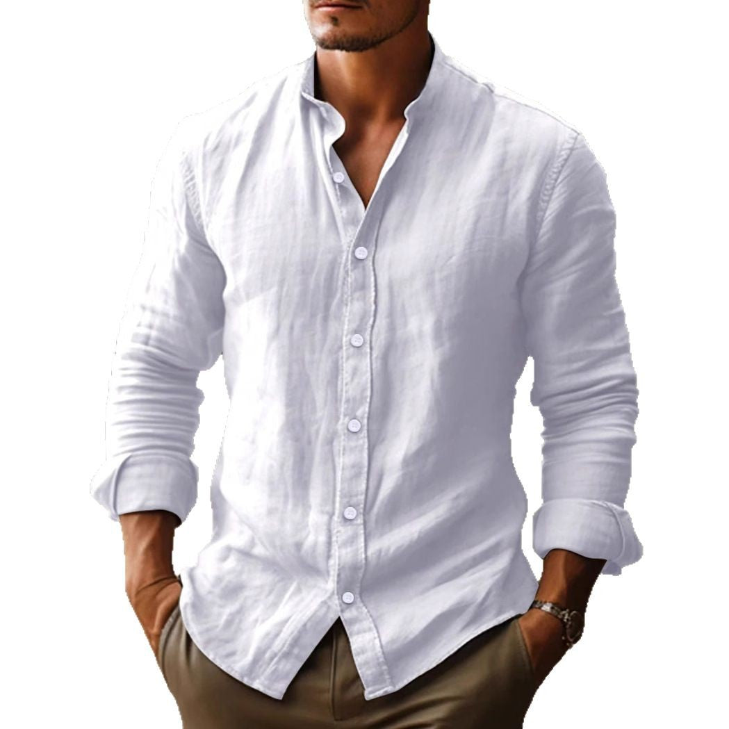 Bruno Hellgrau Leinen Stehkragen Langarmhemd für Herren | Luftig Entspannter Stil | Sommer Reisen - S/M/L/XL/2XL