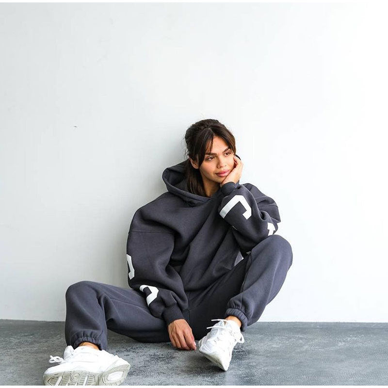 Monika Dunkelgrau Oversized Zweiteiler mit Kapuze und Letter-Print für Damen | Casual Jogginganzug - S/M/L