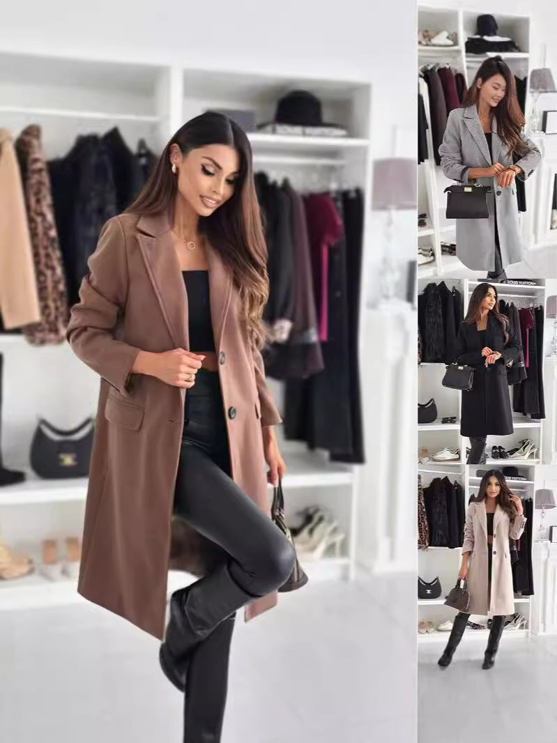 Wanda Schwarz Langer Eleganter Wintermantel mit Schmalem Schnitt für Damen | Reverskragen Knopfleiste Büro - S/M/L/XL/2XL/XXXL