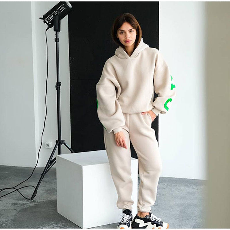 Monika Dunkelgrau Oversized Zweiteiler mit Kapuze und Letter-Print für Damen | Casual Jogginganzug - S/M/L