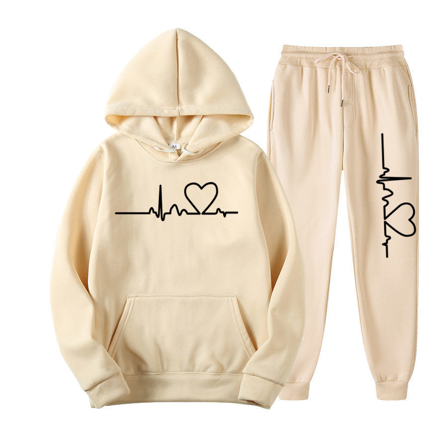 Wanda Schwarz Zweiteiler Kapuzenpullover und Jogginghose mit Herz-Print für Damen | Casual Freizeit - S/M/L/XL/2XL/3XL/4XL