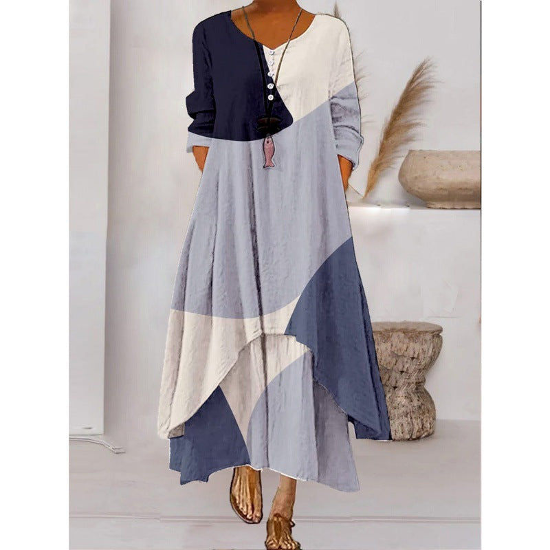 Monika Stil 1 Abstraktes Muster Langarm Maxikleid für Damen | Lockere Passform mit Taschen | Alltag & Reisen - S-4XL