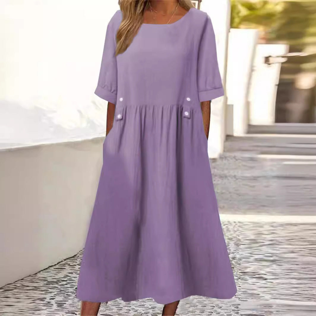 Monika Weiß Baumwoll-Leinen Midikleid für Damen | Luftig Lässig mit Taschen | Alltag und Urlaub - S/M/L/XL/2XL/3XL