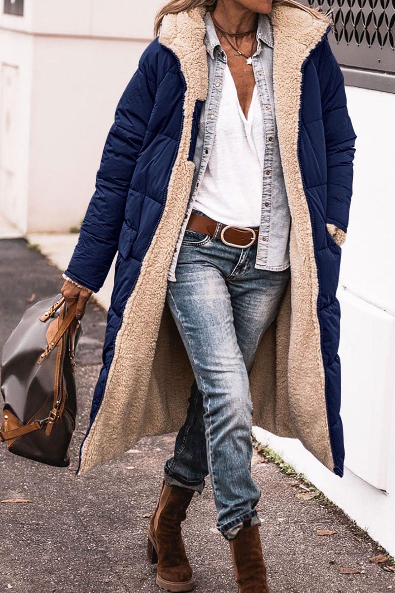 Monika Ingwer Lange Gesteppte Winterjacke mit Sherpa-Innenfutter für Damen | Warm Casual Winter - S/M/L/XL/2XL/XXXL