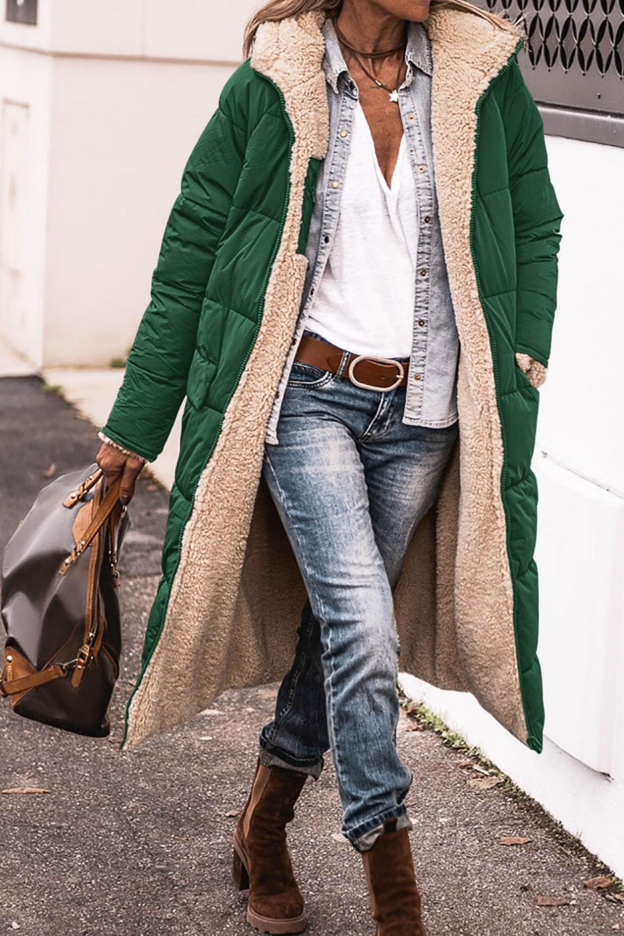 Monika Ingwer Lange Gesteppte Winterjacke mit Sherpa-Innenfutter für Damen | Warm Casual Winter - S/M/L/XL/2XL/XXXL
