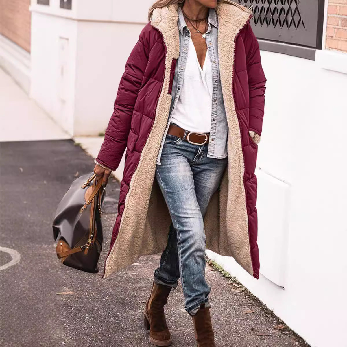 Monika Ingwer Lange Gesteppte Winterjacke mit Sherpa-Innenfutter für Damen | Warm Casual Winter - S/M/L/XL/2XL/XXXL