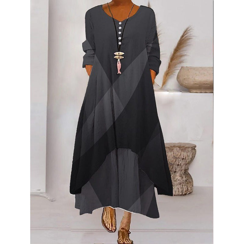 Monika Stil 1 Abstraktes Muster Langarm Maxikleid für Damen | Lockere Passform mit Taschen | Alltag & Reisen - S-4XL