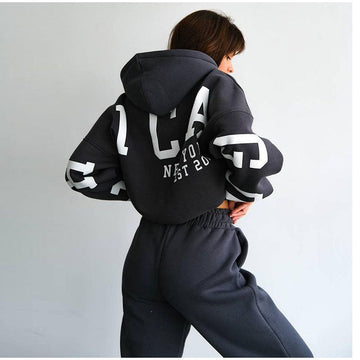 Monika Dunkelgrau Oversized Zweiteiler mit Kapuze und Letter-Print für Damen | Casual Jogginganzug - S/M/L