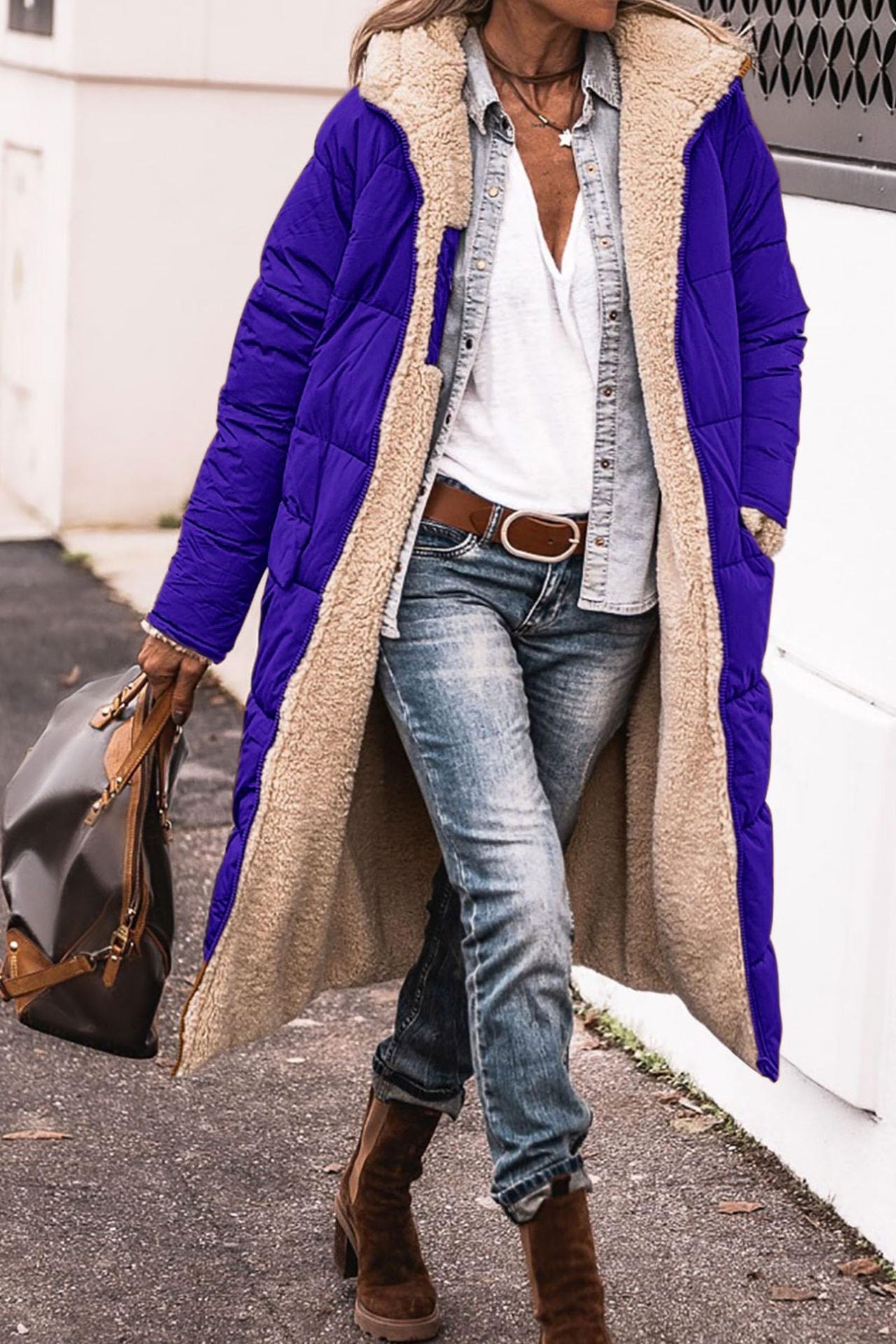Monika Ingwer Lange Gesteppte Winterjacke mit Sherpa-Innenfutter für Damen | Warm Casual Winter - S/M/L/XL/2XL/XXXL