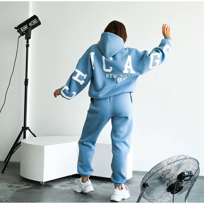 Monika Dunkelgrau Oversized Zweiteiler mit Kapuze und Letter-Print für Damen | Casual Jogginganzug - S/M/L