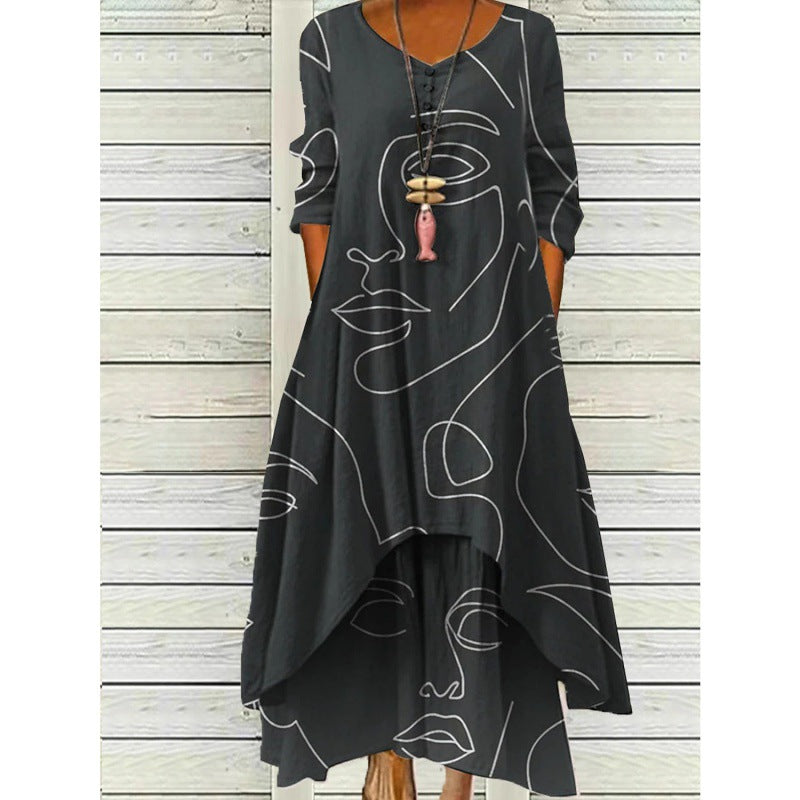 Monika Stil 1 Abstraktes Muster Langarm Maxikleid für Damen | Lockere Passform mit Taschen | Alltag & Reisen - S-4XL