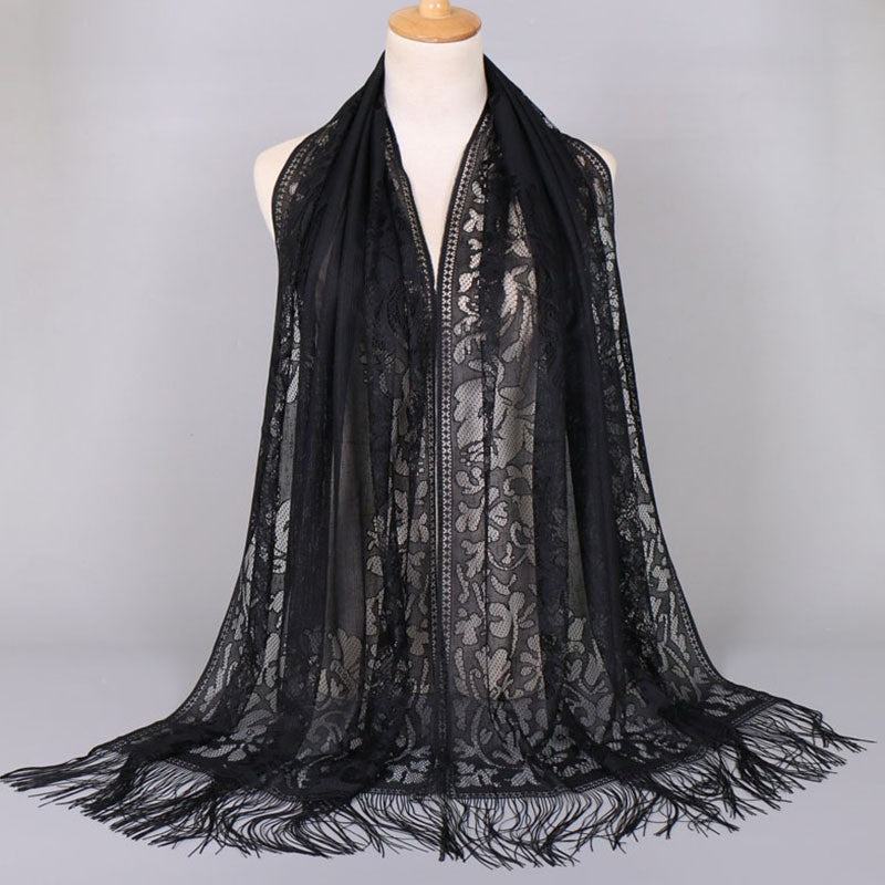 Brigitte Schwarz Langer Spitzen-Schal mit Fransen für Damen | Elegant Festlich Casual - Einheitsgrösse 170
