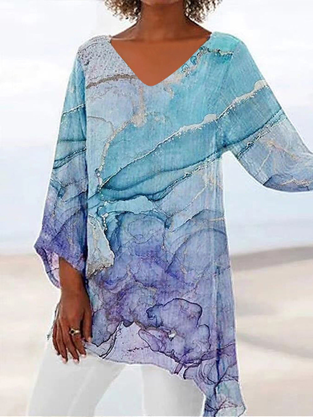Rosemarie Türkis Glitzer-Print V-Ausschnitt Tunika Bluse für Damen | Fliessende Passform | Festliche Abende - S-5XL