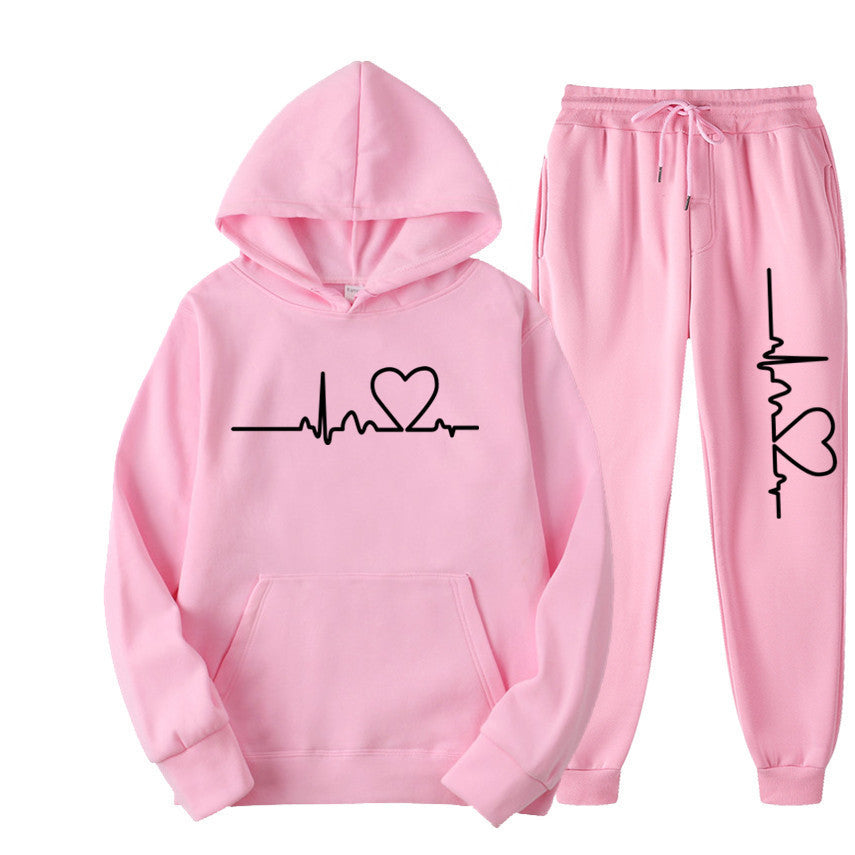 Wanda Schwarz Zweiteiler Kapuzenpullover und Jogginghose mit Herz-Print für Damen | Casual Freizeit - S/M/L/XL/2XL/3XL/4XL