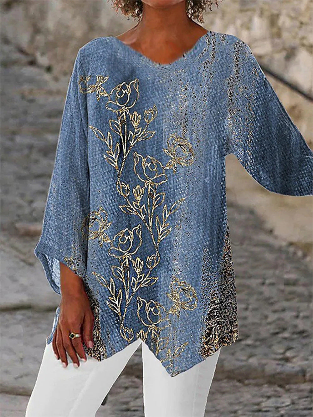 Rosemarie Türkis Glitzer-Print V-Ausschnitt Tunika Bluse für Damen | Fliessende Passform | Festliche Abende - S-5XL