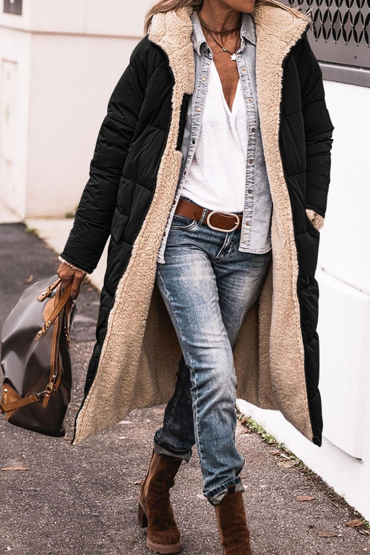 Monika Ingwer Lange Gesteppte Winterjacke mit Sherpa-Innenfutter für Damen | Warm Casual Winter - S/M/L/XL/2XL/XXXL