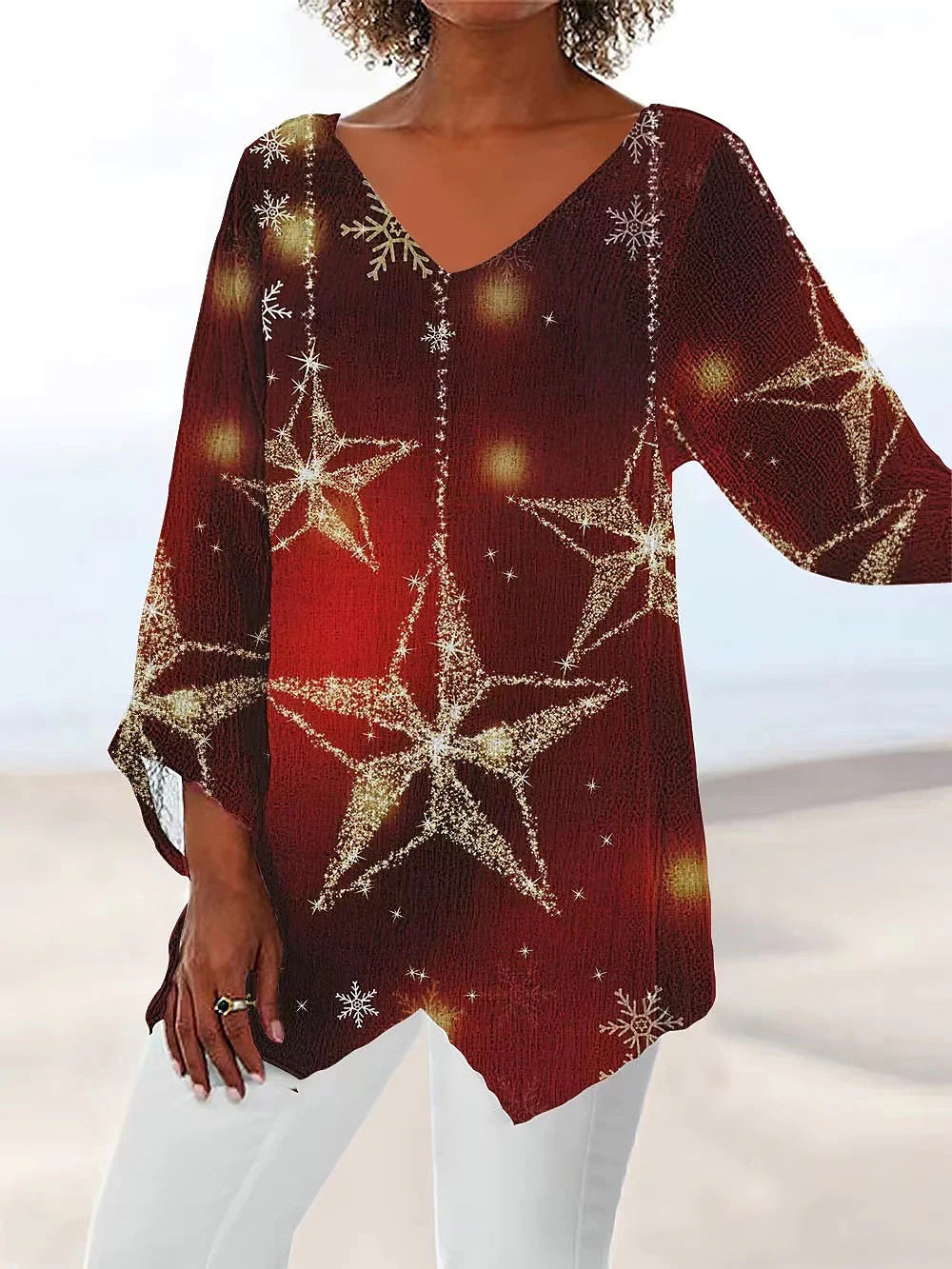 Rosemarie Türkis Glitzer-Print V-Ausschnitt Tunika Bluse für Damen | Fliessende Passform | Festliche Abende - S-5XL