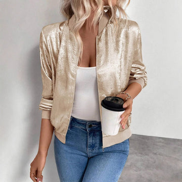 Monika Champagner Glänzende Bomberjacke für Damen | Metallic Casual Festlich - S/M/L/XL/2XL