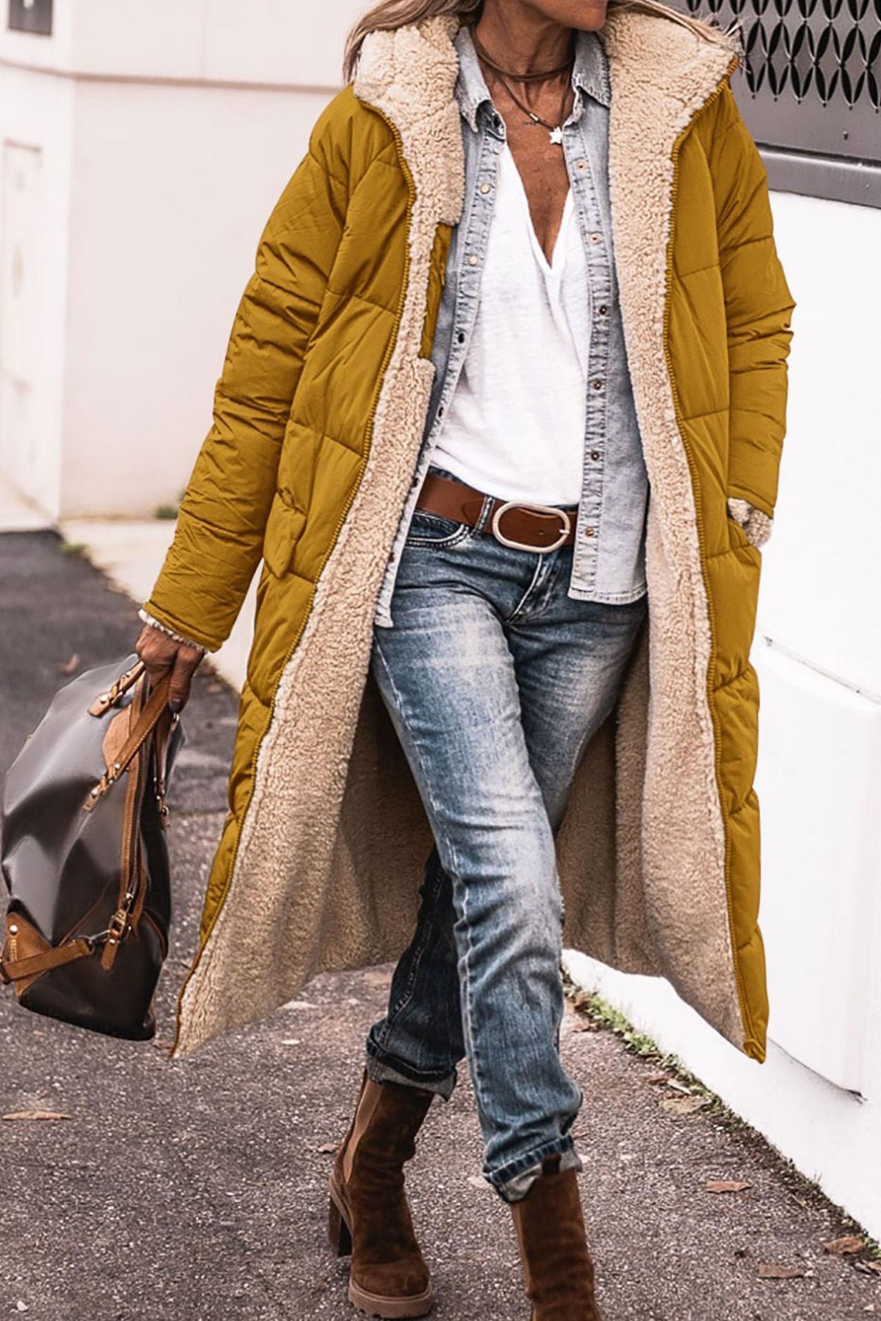 Monika Ingwer Lange Gesteppte Winterjacke mit Sherpa-Innenfutter für Damen | Warm Casual Winter - S/M/L/XL/2XL/XXXL