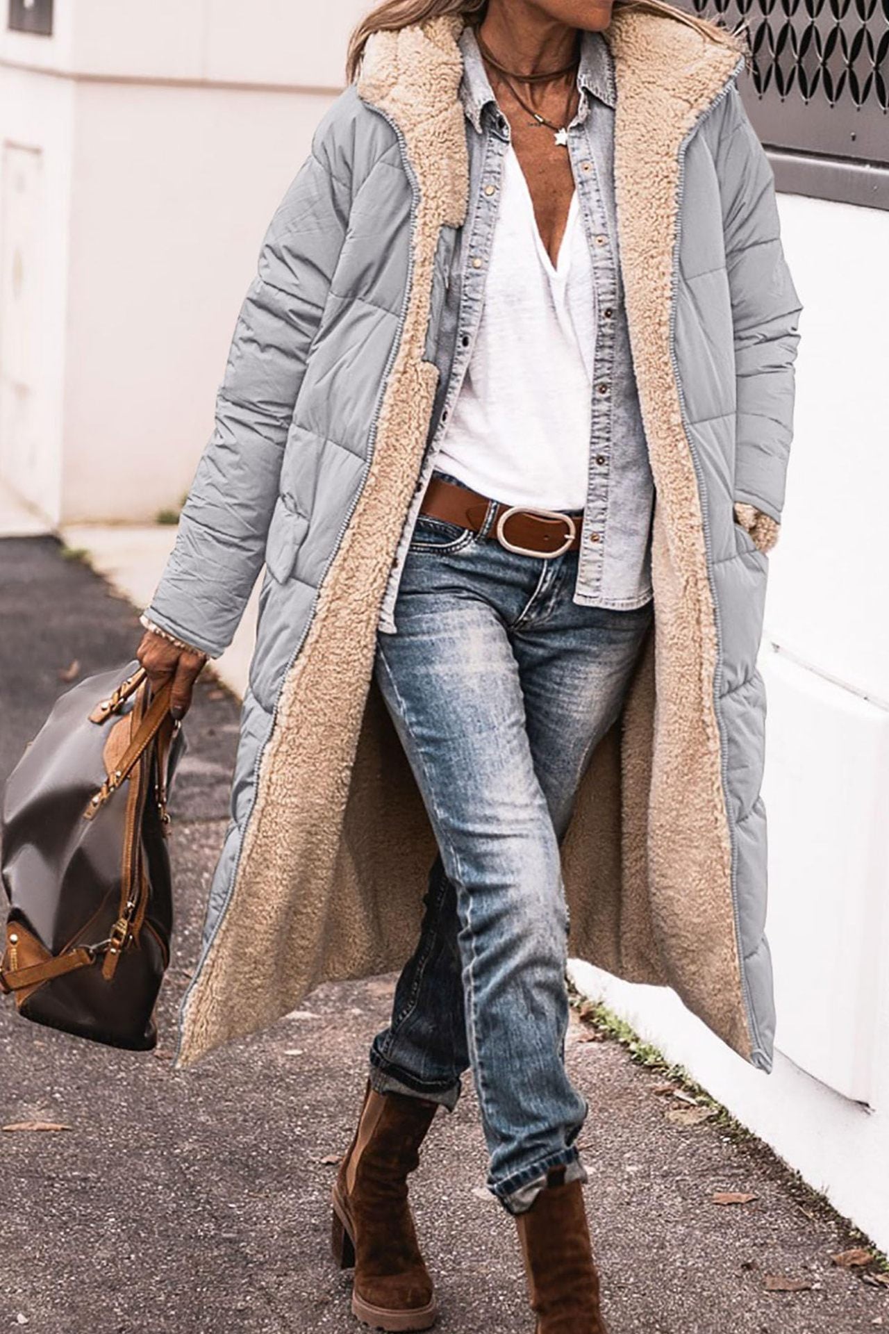 Monika Ingwer Lange Gesteppte Winterjacke mit Sherpa-Innenfutter für Damen | Warm Casual Winter - S/M/L/XL/2XL/XXXL
