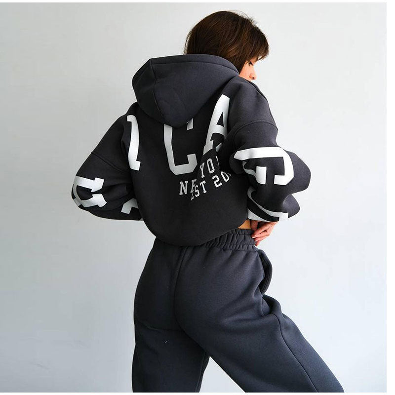 Monika Dunkelgrau Oversized Zweiteiler mit Kapuze und Letter-Print für Damen | Casual Jogginganzug - S/M/L